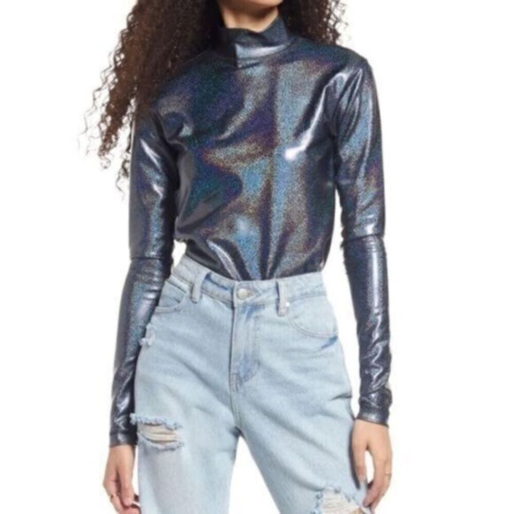 Nordstrom BP Black Rainbow Glitter Mock Neck Top Medium